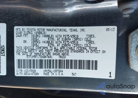 2013 Toyota Tundra Grade 4.6L V8 z USA, uszkodzony, nr VIN 5TFUM5F17DX047641